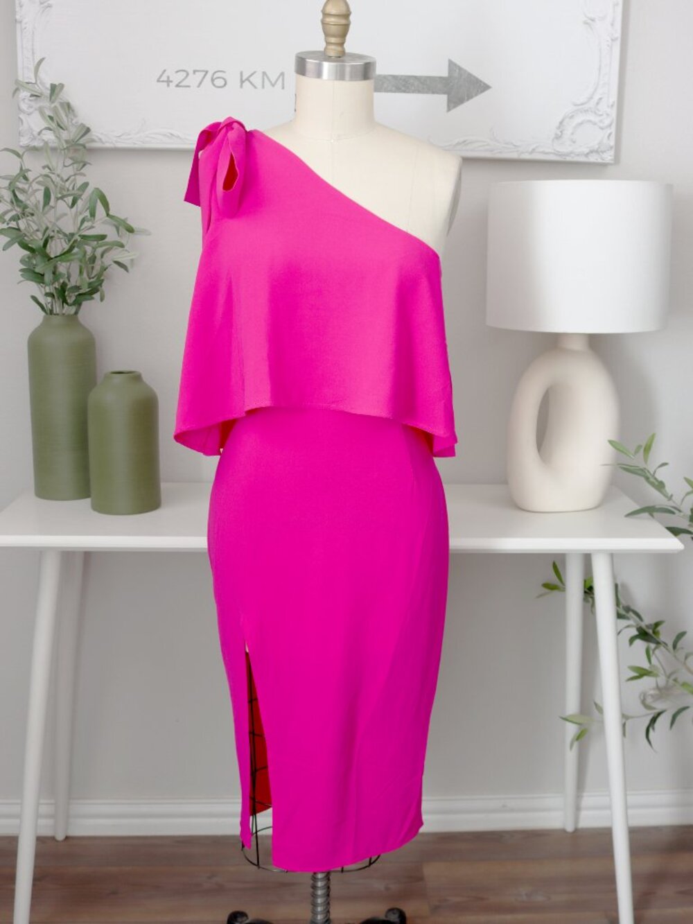 Missguided Hot Pink One-Shoulder Ruffle Midi Dress